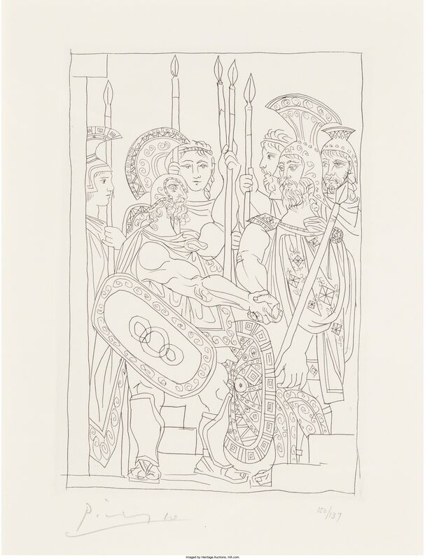 Pablo Picasso, ‘Accord entre les Guerriers de Sparte et d’Athènes, pl. 5, from Lysistrata’, 1934, Print, Etching on Arches paper, Heritage Auctions