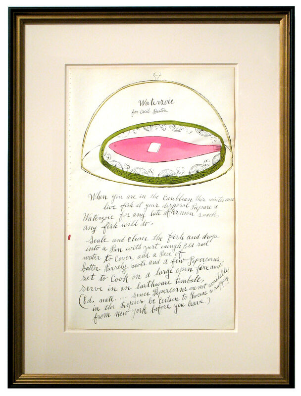 Andy Warhol, ‘Waterzoie for Cecil Beaton’, 1959, Drawing, Collage or other Work on Paper, Unique watercolor & offset lithograph on paper with gold foil appliqué., Woodward Gallery