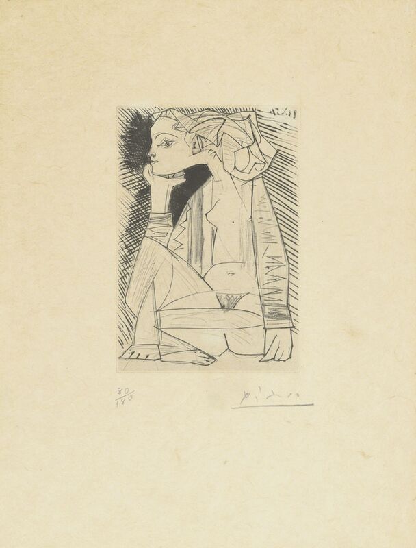 Pablo Picasso, ‘Femme assise en tailleur: Geneviève Laporte’, 1951, Print, Etching and drypoint on japon nacré paper, Christie's