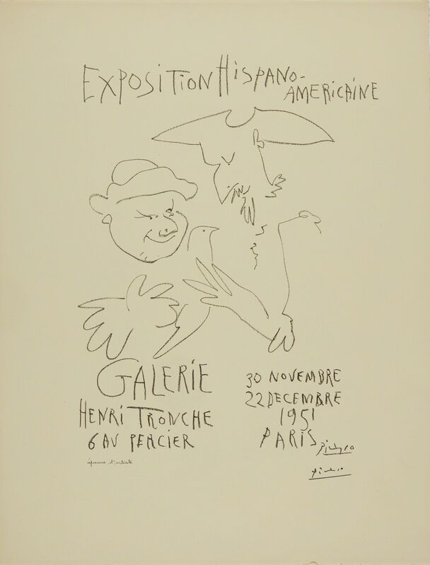 Pablo Picasso, ‘Affiche pour L'Exposition Hispano-Américaine and Don Quichotte et Sancho Pança, I & II: three prints  (B. 1262, 688-89; M. 205, 207-8)’, 1951, Print, Three lithographs (two printed in black and ochre), Sotheby's