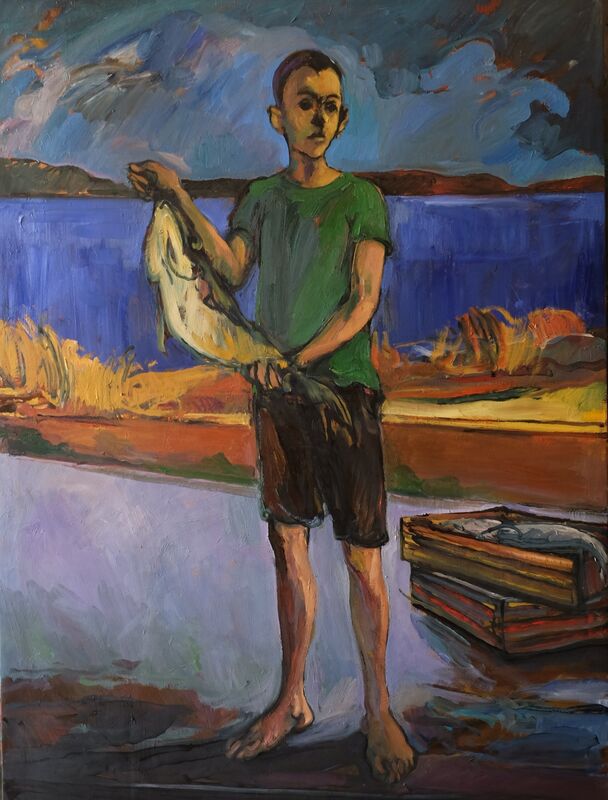 Orion Shima, ‘Boy with fish’, 2018, Painting, Oil on canvas, Gallery70 