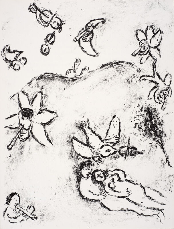 Marc Chagall, ‘Ignoring Prospero's express command to abstain from intimacy, Ferdinand and Miranda make love, celebrated by music-playing spirits.’, 1975, Print, Lithograph, Ben Uri Gallery and Museum 