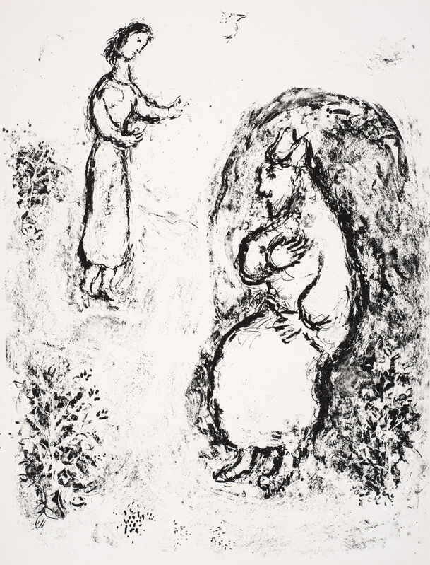 Marc Chagall, ‘Prospero recounts the story of his life to his daughter Miranda. He sits on a throne covered with verdure, as befits a man who has been exiled from the civilized world.’, 1975, Print, Lithograph, Ben Uri Gallery and Museum 