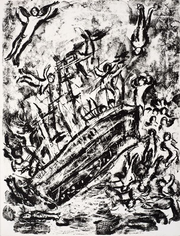 Marc Chagall, ‘The ship lists and the passengers are panic-stricken. Some jump overboard, while Ariel hovers calmly above the tumultuous scene. ’, 1975, Print, Lithograph, Ben Uri Gallery and Museum 