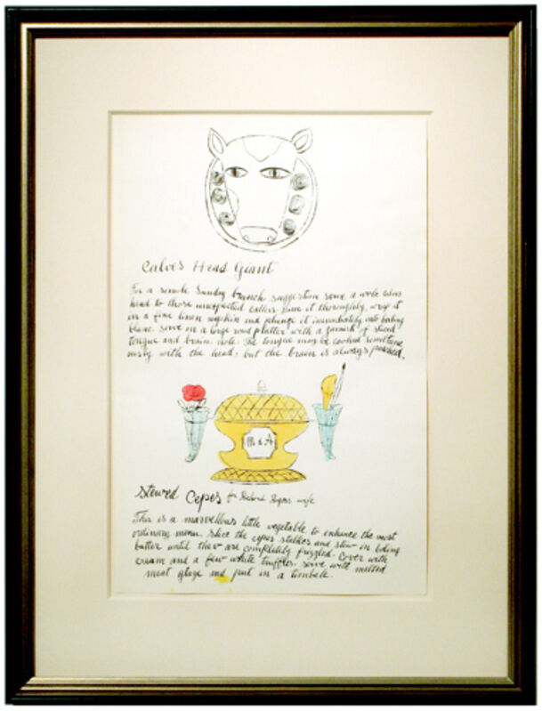 Andy Warhol, ‘Calves Head Giant and Stewed Cepes,’, 1959, Drawing, Collage or other Work on Paper, Unique watercolor and offset lithograph on paper, Woodward Gallery