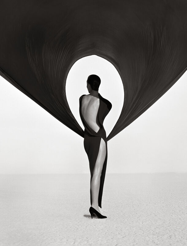 Herb Ritts, ‘Versace Dress, Back View, El Mirage’, 1990, Photography, Silver Gelatin Photograph, Fahey/Klein Gallery