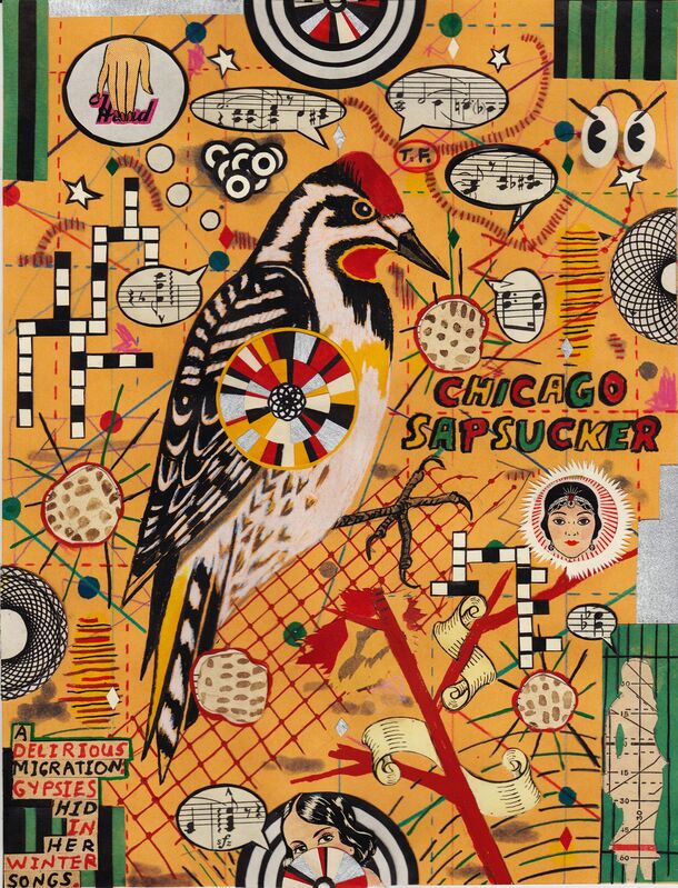 Tony Fitzpatrick, ‘Lunch Drawing #34 (Chicago Sapsucker)’, 2104, Drawing, Collage or other Work on Paper, Gouache, Watercolor, Ink and Collage, DePaul Art Museum