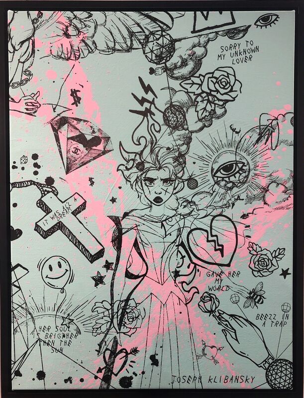 Joseph Klibansky, ‘Villains in My Head (small turquoise, pink splash, black)’, 2019, Painting, Acrylic paint canvas, screen print ink wood and aluminium frame, HOFA Gallery (House of Fine Art)