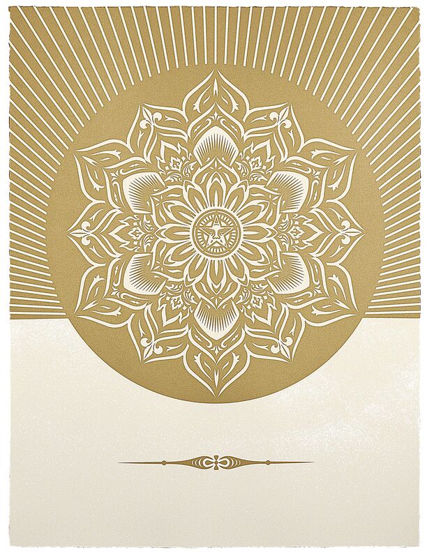 Shepard Fairey, ‘Obey Lotus Diamond (White & Gold)’, 2013, Print, Silkscreen and diamond dust on Somerset Satin Tub Sized 410 gsm, with deckled edges. Signed and numbered by artist on verso. Framed: 92.9 x 72.4 cm, Paul Stolper Gallery