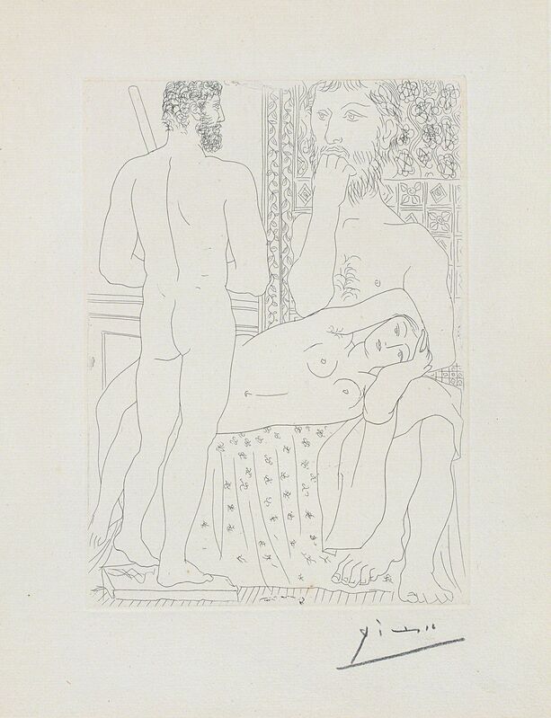 Pablo Picasso, ‘Sculpteur, modèle couché et sculpture (Sculptor and Model Lying with Sculpture), plate 37 from La Suite Vollard’, 1933, Print, Etching, on Montval laid paper watermark Picasso, with full margins., Phillips