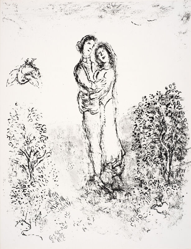 Marc Chagall, ‘Ferdinand and Miranda embrace between trees, with an upside-down bird.’, 1975, Print, Lithograph, Ben Uri Gallery and Museum 