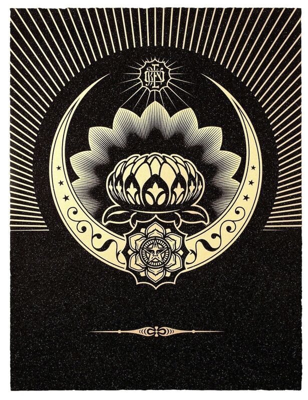 Shepard Fairey, ‘Obey Lotus Crescent (Black & Gold)’, 2013, Print, Silkscreen and diamond dust on Somerset Satin Tub Sized 410 gsm, with deckled edges. Signed and numbered by artist on verso., Paul Stolper Gallery