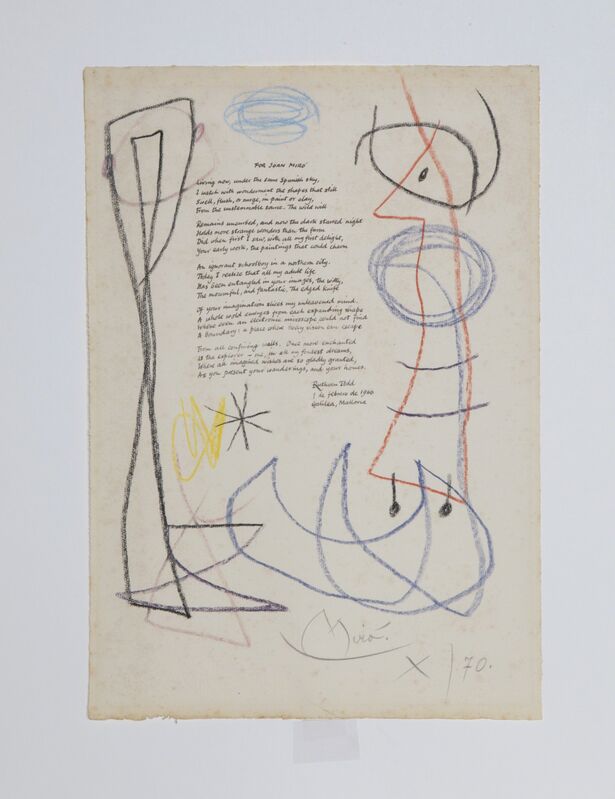 Joan Miró, ‘For Joan Miro (Drawing with Ruthven Todd Poem)’, 1966-1970, Drawing, Collage or other Work on Paper, Ink and Crayon on Guarro laid paper, RoGallery