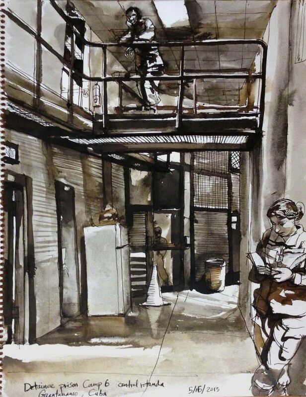 Steve Mumford, ‘5/15/13, Detainee prison Camp 6 central rotunda, Guantanamo Bay, Cuba’, 2013, Drawing, Collage or other Work on Paper, Ink and wash on paper, Postmasters Gallery