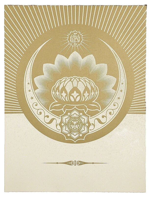 Shepard Fairey, ‘Obey Lotus Crescent (White & Gold)’, 2013, Print, Silkscreen and diamond dust on Somerset Satin Tub Sized 410 gsm, with deckled edges. Signed and numbered by artist on verso. Framed:, Paul Stolper Gallery