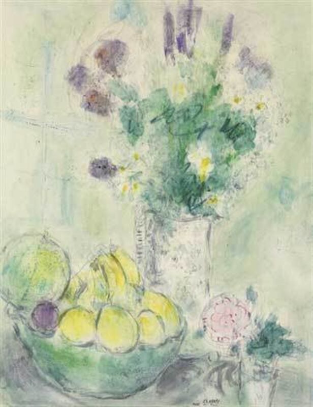 Marc Chagall, ‘Flowers and fruit basket’, 1949, Drawing, Collage or other Work on Paper, Watercolor, pastel and pencil on paper laid on board, Opera Gallery