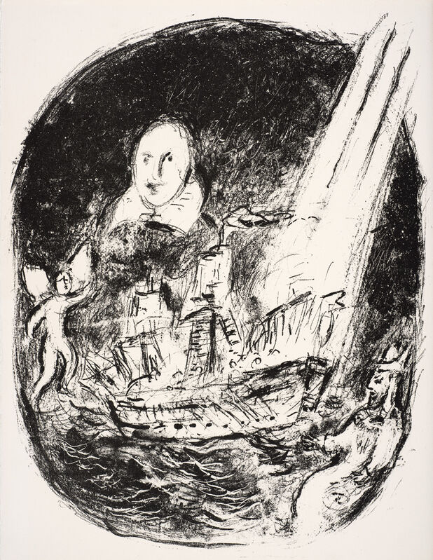 Marc Chagall, ‘Frontispiece - Shakespeare's portrait dominates the scene of the ship rocking on the waves, struck by lightning. The play's protagonists - Prospero, the deposed Duke of Milan, and his servant-spirit Ariel - appear at the sides of the ship.’, 1975, Print, Lithograph, Ben Uri Gallery and Museum 