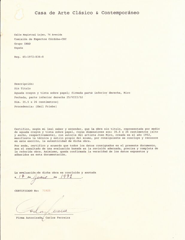 Joan Miró, ‘Untitled Composition ’, 1952, Painting, Mixed Media on Paper, John Wolf Art Advisory & Brokerage 