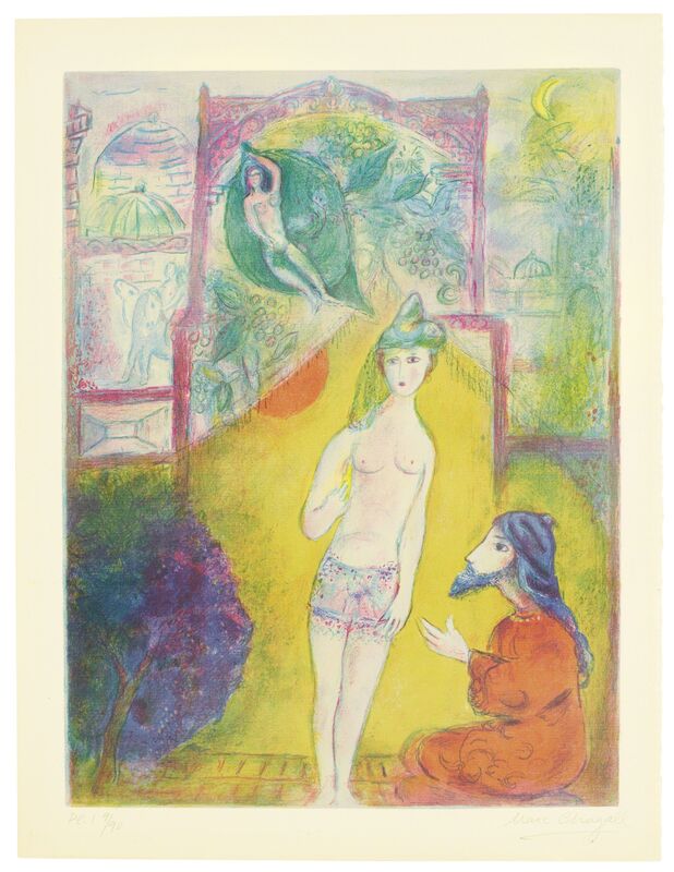 Marc Chagall, ‘Then the boy displayed to the Dervish his bosom, saying: "Look at my breasts which be goodlier than the breasts of maidens and my lipdews are sweeter than sugar candy...", from Four Tales from the Arabian Nights’, 1948, Print, Lithograph in colors, on laid paper, Christie's