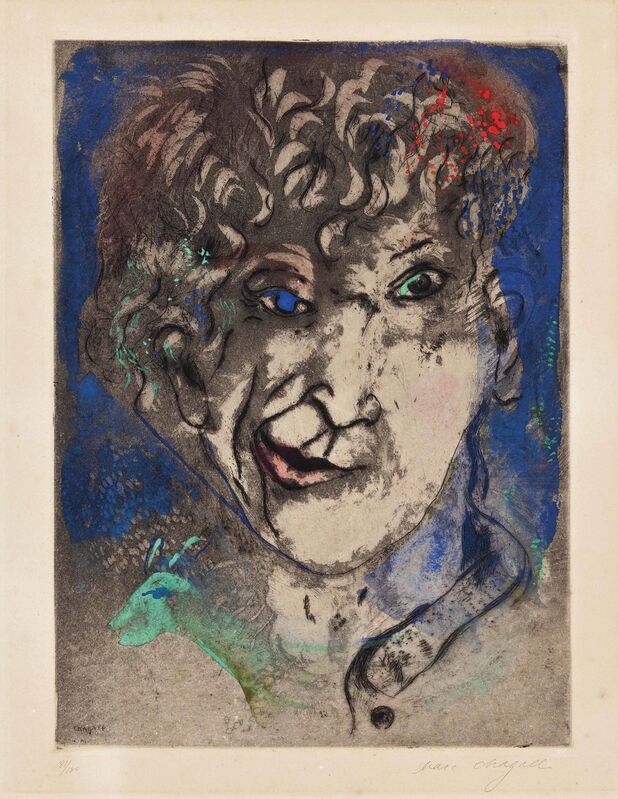 Marc Chagall, ‘Self Portrait with Grimace’, 1925, Print, Etching and aquatint in colors with hand-coloring in blue, green and red gouache, on wove paper, Christie's