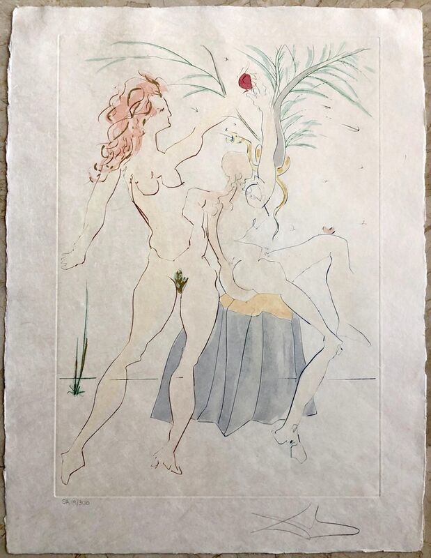 Salvador Dalí, ‘Salvador Dali Pochoir Etching Engraving Adam & Eve Japon Paper Gold Embellished’, 1970-1979, Print, Engraving, Etching, Stencil, Lions Gallery