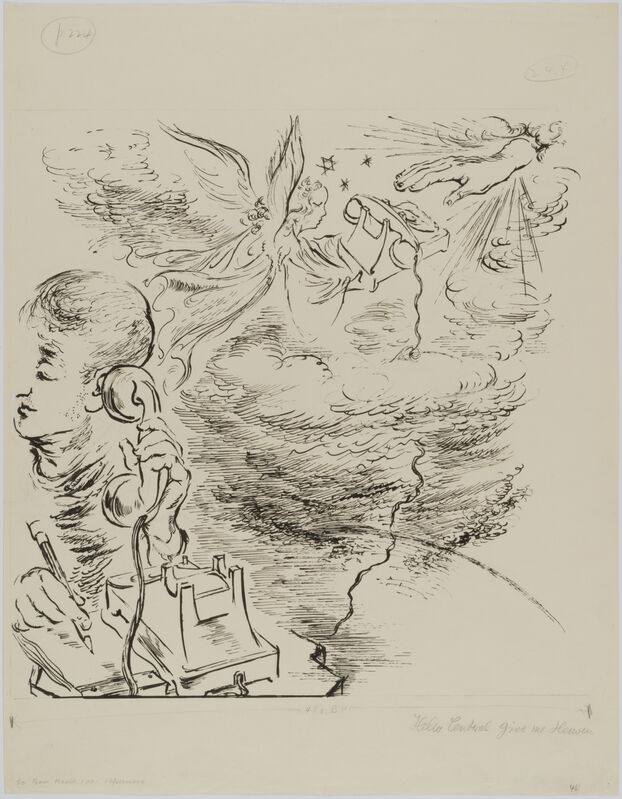 George Grosz, ‘Hello, Central, Give Me Heaven’, 1941, Drawing, Collage or other Work on Paper, Reed, and pen and ink, Akim Monet Fine Arts, LLC