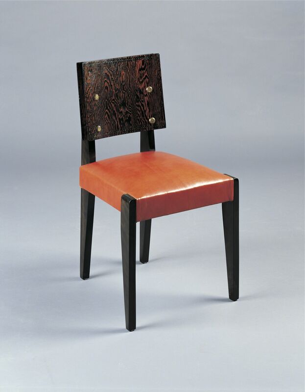 André Sornay, ‘Six dining chairs’, ca. 1935, Design/Decorative Art, Oregon pine with brass nails and solid mahogany. « Paprika » coloured leather seat, Galerie Alain Marcelpoil