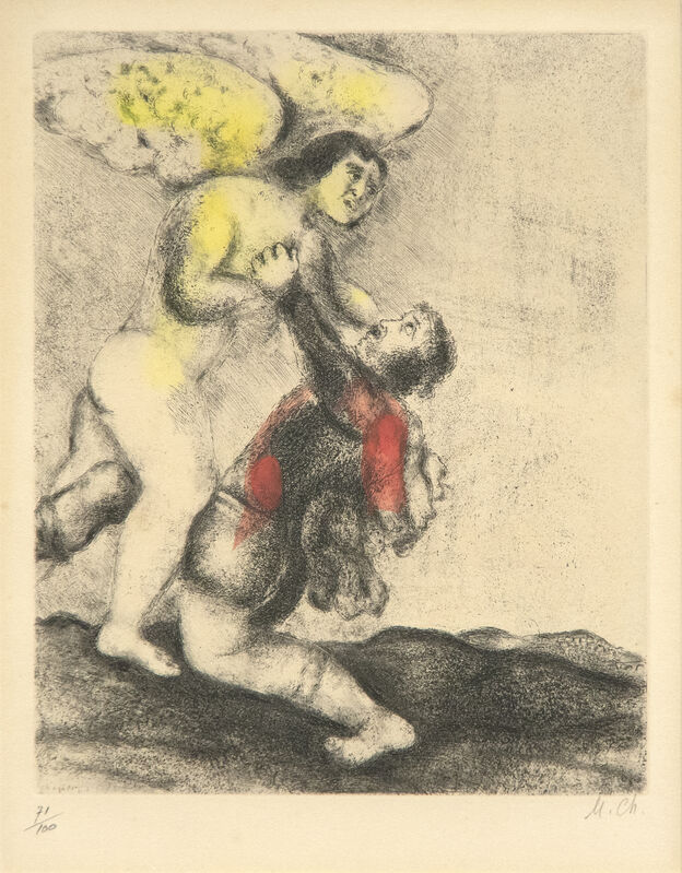 Marc Chagall, ‘La lutte avec l'Ange’, Print, Hand colored etching on paper, Heather James Fine Art Gallery Auction