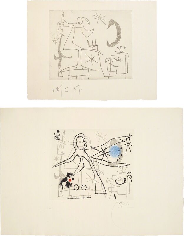 Joan Miró, ‘L'oiseau dressé (Standing Bird): two impressions’, 1960, Print, Two soft-ground etchings, one with aquatint in colors, on Rives BFK paper, with margins, Phillips
