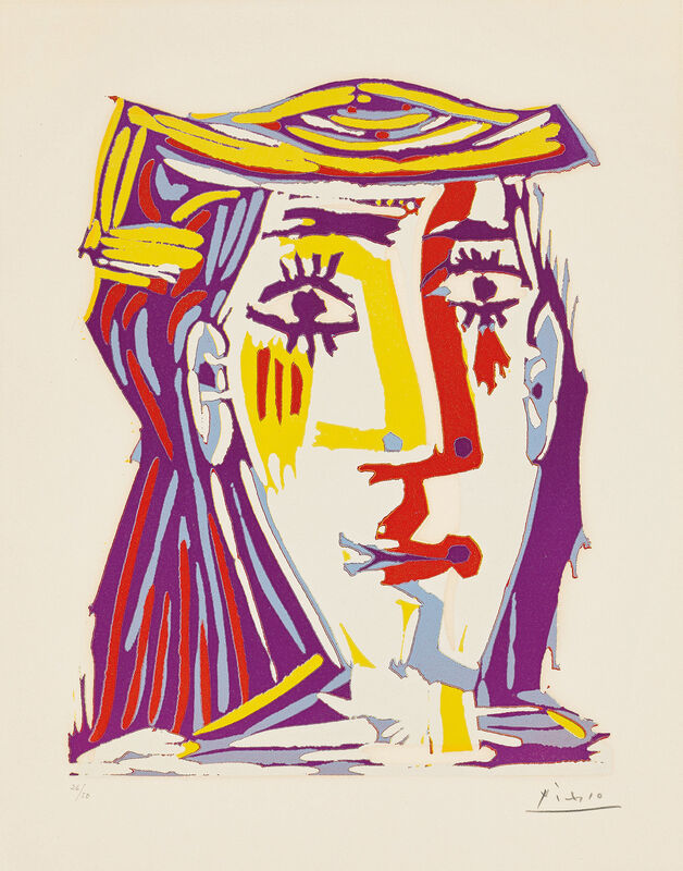 Pablo Picasso, ‘Portrait de Jacqueline au chapeau de paille multicolore (Portrait of Jacqueline in a Multicoloured Straw Hat)’, 1962, Print, Linocut in colours, on Arches paper, with full margins., Phillips