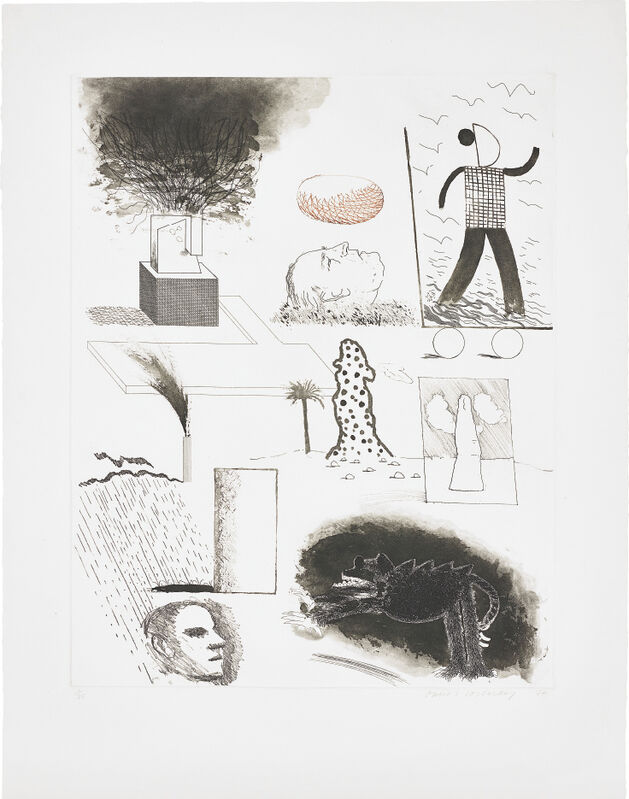 David Hockney, ‘Showing Maurice the Sugar Lift’, 1974, Print, Etching with drypoint, sugar-lift aquatint and roulette in black and red, on Inveresk mould-made paper, with full margins, Phillips