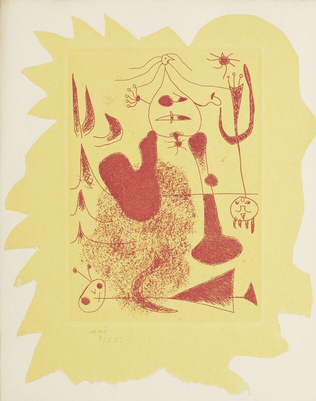 Joan Miró, ‘Alice Paalen, Sablier Couché’, 1938, Print, The signed and numbered etching in red, on yellow paper pasted on to Arches laid paper, Christie's