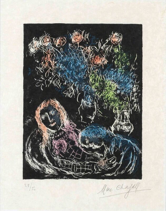 Marc Chagall, ‘Couple Sur Fond Noir II (M. 707A)’, 1973, Print, Color lithograph, on Japon nacré paper, Doyle