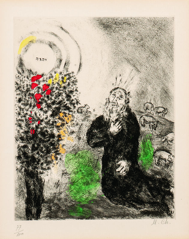 Marc Chagall, ‘The Burning Bush, plate 27 from the series The Bible’, Print, Etching with hand-coloring on paper, Skinner