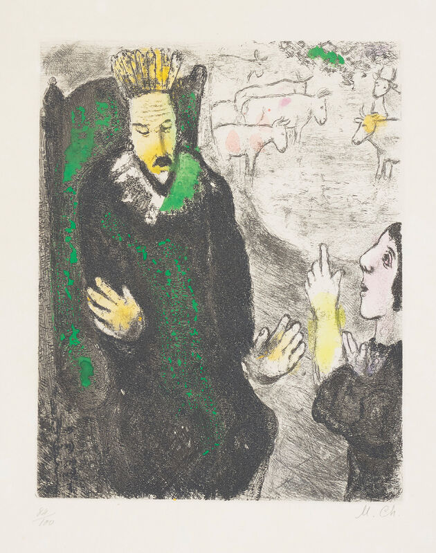 Marc Chagall, ‘Le songe de Pharaon (The Pharaoh's Dream), plate 21 from La Bible’, 1931-39, Print, Etching and aquatint with hand-colouring in watercolour, on Arches paper, with full margins., Phillips