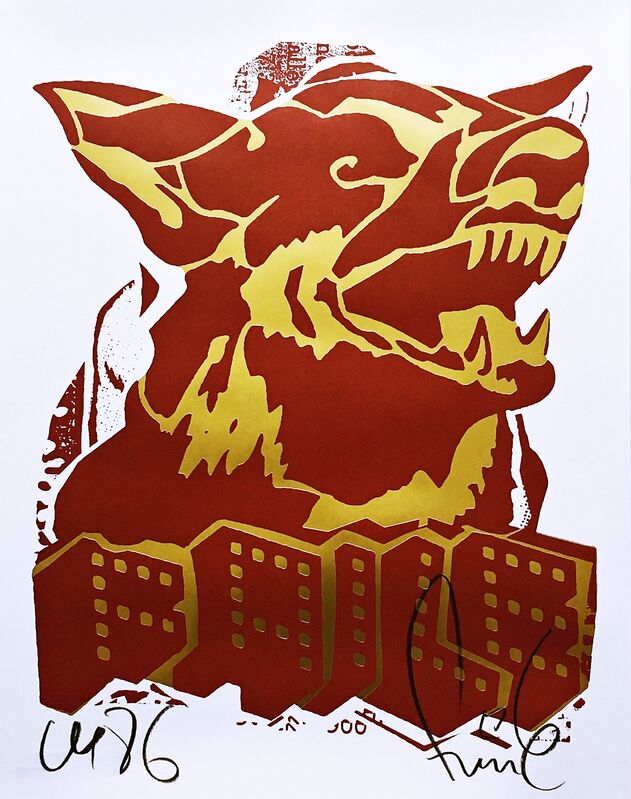 FAILE, ‘Red Dog’, 2018, Print, Offset Print with gold foil on Lenox 100 paper. Faile studio stamp on verso (back). Hand Signed. Annotated. Unframed., Alpha 137 Gallery