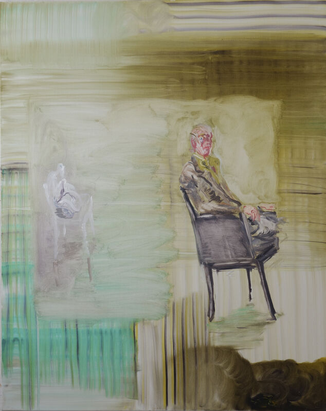 Peter Schmersal, ‘Mann, sitzend, Tasche auf Stuhl’, 2020, Painting, Oil on canvas, Flowers