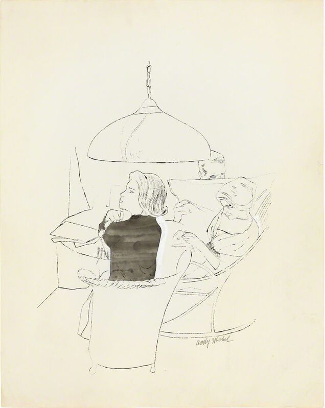Andy Warhol, ‘Ohne Titel (Three Figures Seated at a Round Table)’, ca. 1958, Drawing, Collage or other Work on Paper, Indian ink on paper, Ludorff