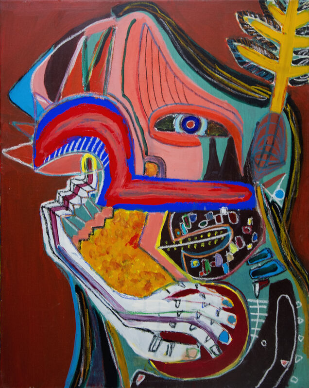 Akito Nara, ‘Self Portrait, Native American’, 2015, Painting, Acrylic and oil pastel on canvas, Ethan Cohen Gallery
