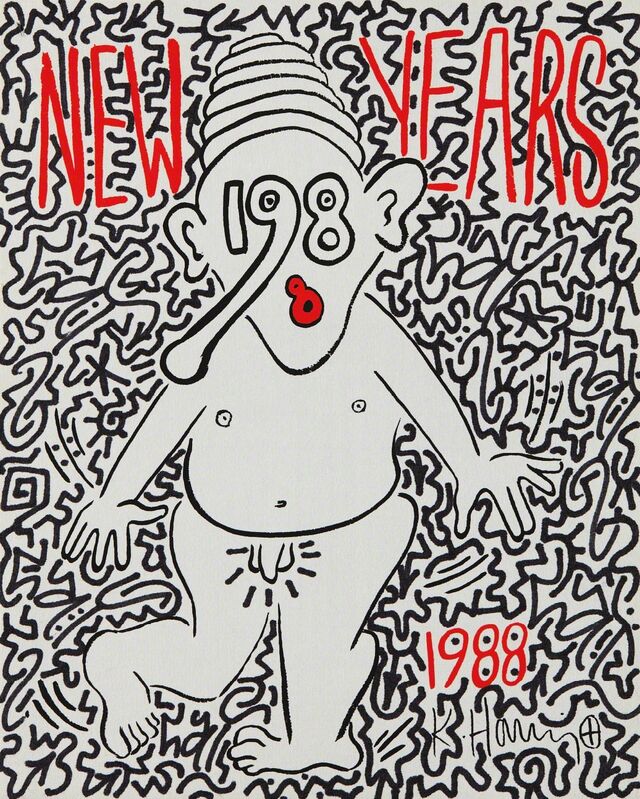 Keith Haring, ‘Happy New Year’, 1988, Print, Screenprint by Keith Haring in colors with hand-coloring 'graffiti' in black ink by LA II (Angel Ortiz), on wove paper, the full sheet, Phillips