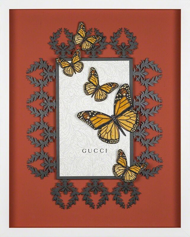 Stephen Wilson, ‘Terra Cotta Gucci’, 2018, Textile Arts, Laser-cutting and direct embroidery on Gucci box with raw pigment and embroidered butterflies, Roman Fine Art