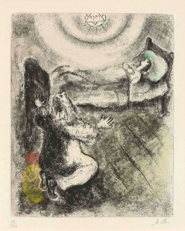 Marc Chagall, ‘L'ENFANT RESSUSCITÉ PAR ÉLIE (SEE C. BOOKS 30)’, 1931-39, Print, Hand-colored etching, Doyle