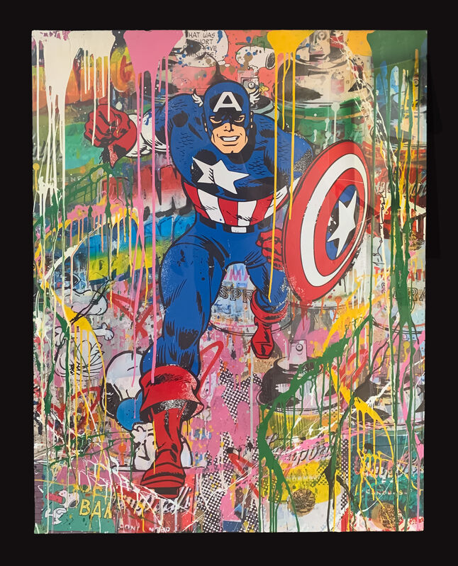 Mr. Brainwash, ‘Captain America’, 2018, Drawing, Collage or other Work on Paper, Mixed media on paper, Artsy x Forum Auctions
