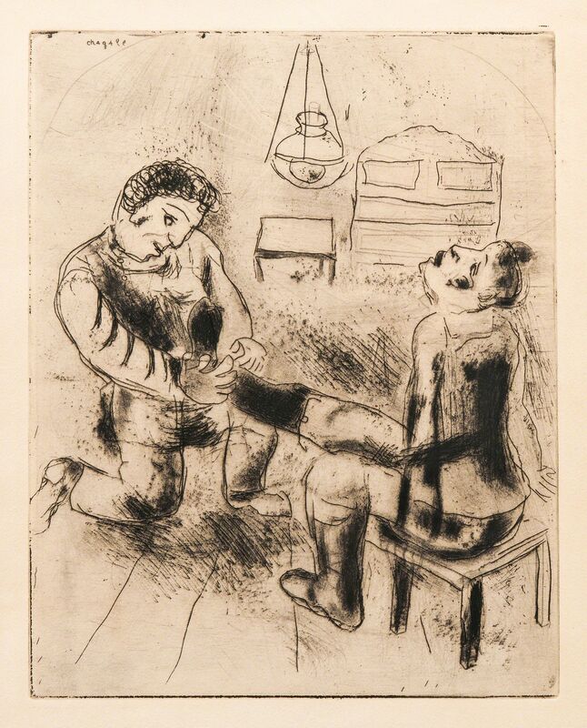 Marc Chagall, ‘Pétrouchka retire les bottes, from Les Âmes mortes’, 1948, Print, Etching on paper, Skinner