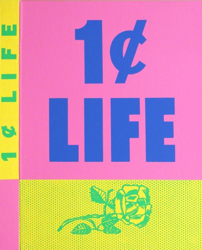 Roy Lichtenstein, ‘One Cent Life ’, 1963-1964, Drawing, Collage or other Work on Paper, (Rose) Screenprint in green over yellow linen and (1 Cent Life) Screenprint in pink over blue lettering on board of unbound book, Woodward Gallery