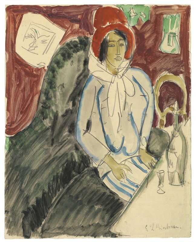 Ernst Ludwig Kirchner, ‘Sitzende Frau mit einem Hut in einem Restaurant’, ca. 1912, Drawing, Collage or other Work on Paper, Watercolour, opaque colour and pencil on paper, Ludorff