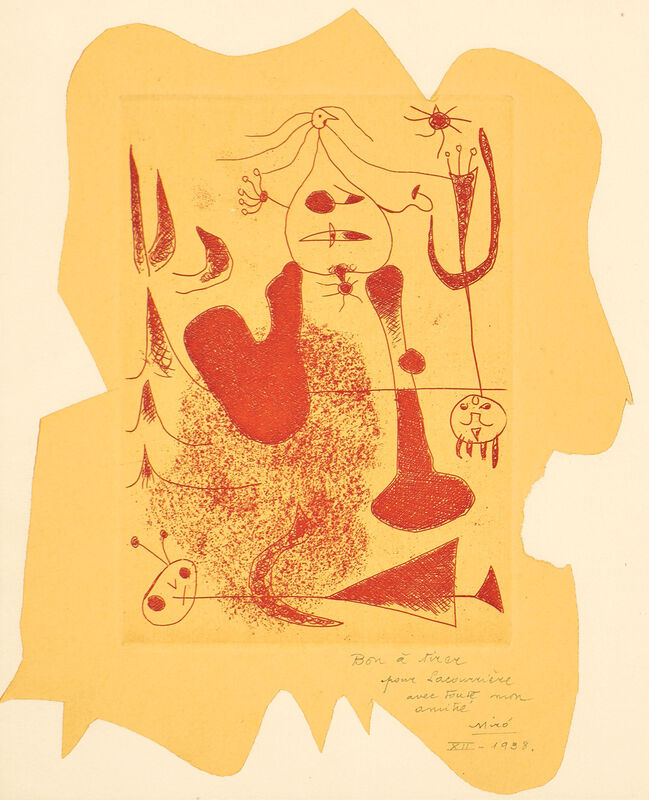 Joan Miró, ‘Frontispiece, for Sablier couché (Reclining Hourglass) (D. 20, C. 5)’, 1938, Print, Etching in red, on cut yellow paper, Chine collé to laid Arches paper, the full sheet (without a fold), title page with <em>Casse-Nuit</em> title printed on the right side (changed to <em>Sablier couché</em> for the book edition), the poem<em> Muttra </em>by Alice Paalen (Rahon) printed on the reverse., Phillips