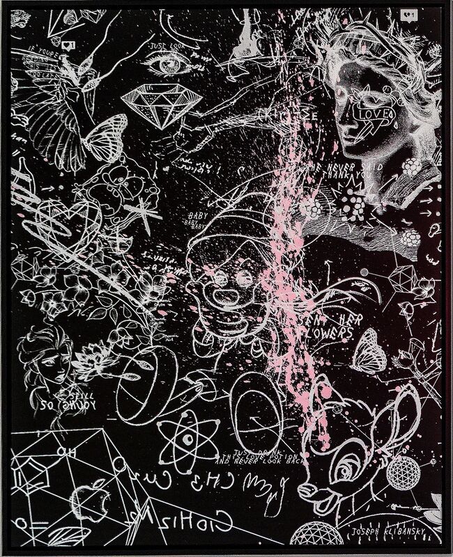 Joseph Klibansky, ‘ Sent Her Flowers (black, white, pastel pink splash)’, 2019, Painting, Acrylic paint, bronze powder, gold paint, canvas screen print ink, wood and aluminium frame, HOFA Gallery (House of Fine Art)