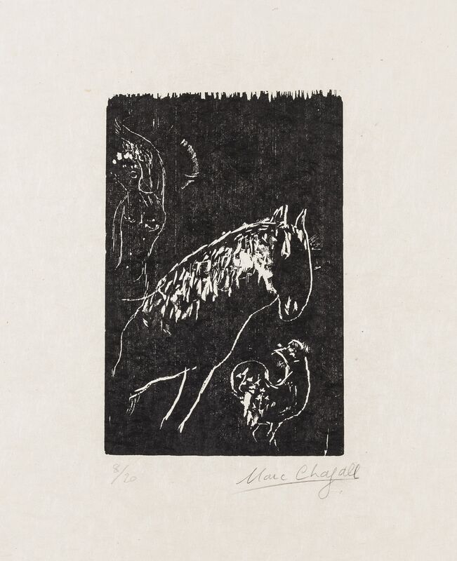 Marc Chagall, ‘Le Juif Priant, Juif à la Thora, La Maison, L'Homme au Sac, Chèvre et Violin and L'Ecuyère et le Coq (K 31 IIIb, 35 c, 32 IVb, 33 IIb, 34 IIb and 84 IIIb)’, 1922-23, Print, The set of six wood-engravings, Forum Auctions