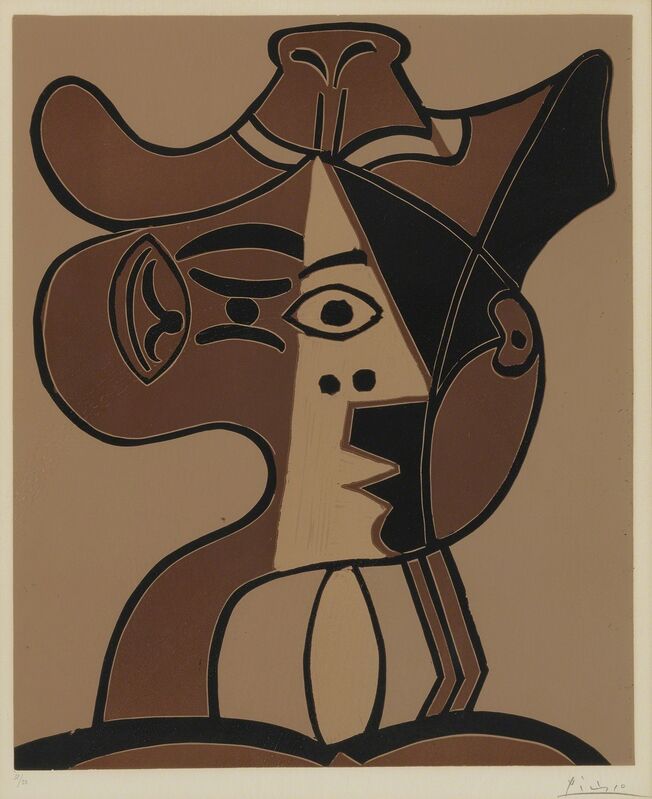 Pablo Picasso, ‘Grande tête de femme au chapeau (B. 1078; Ba. 1293)’, 1962, Print, Linoleum cut printed in colors, Sotheby's